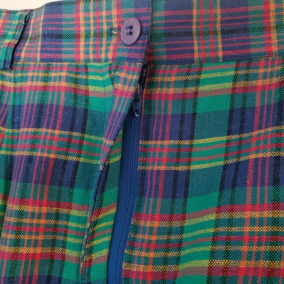 Vintage 90s Talbots Size 14 Linen Green Blue Clueless Preppy Plaid Pencil Skirt - Picture 9 of 12